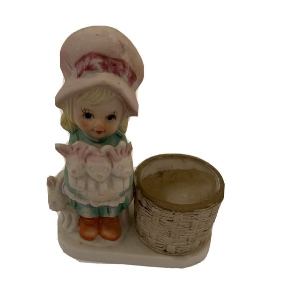 Vintage Little Luvkins Vintage Votive Candle Holder Girl with Rabbits 5"h x 3 5" - Picture 2 of 8